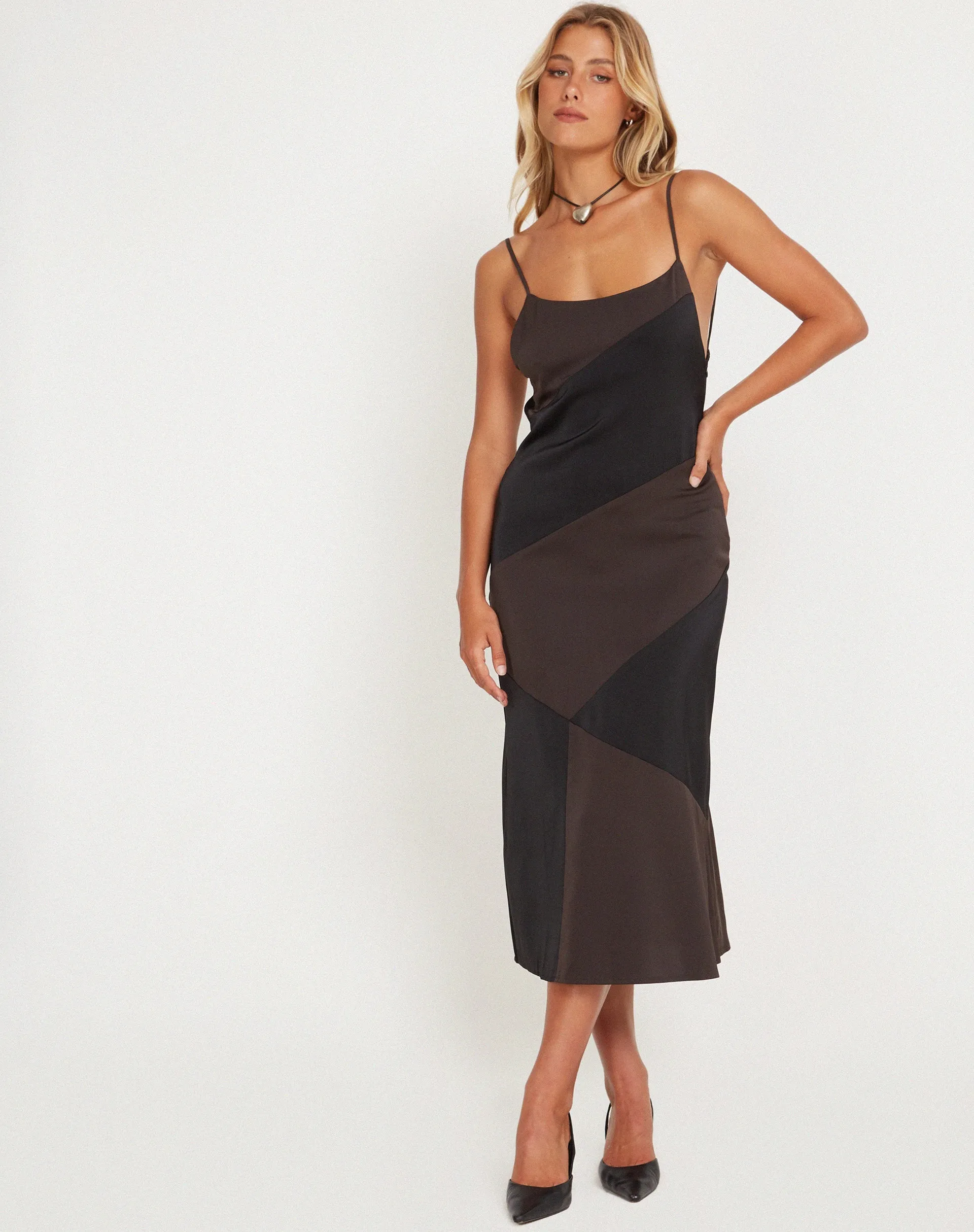 Perlita Midi Dress in Two Tone Black Satin