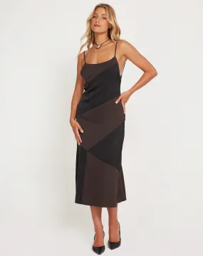 Perlita Midi Dress in Two Tone Black Satin