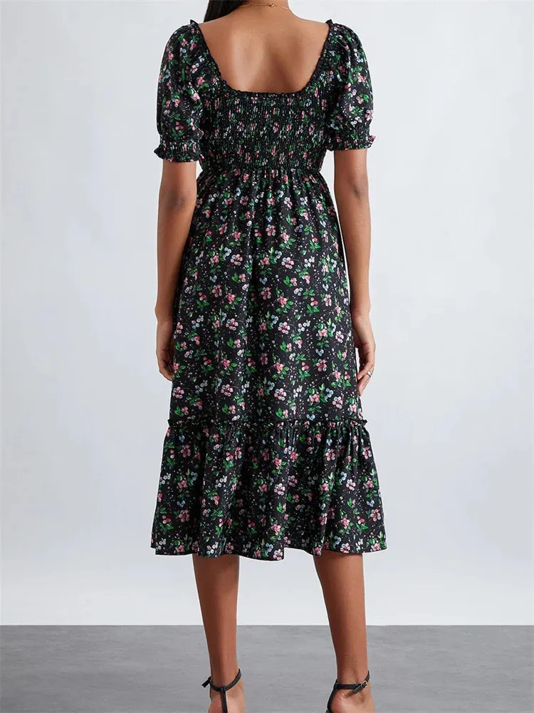 Retro Summer Floral Print Square Neck Short Puff Sleeve Ruched Midi Dress