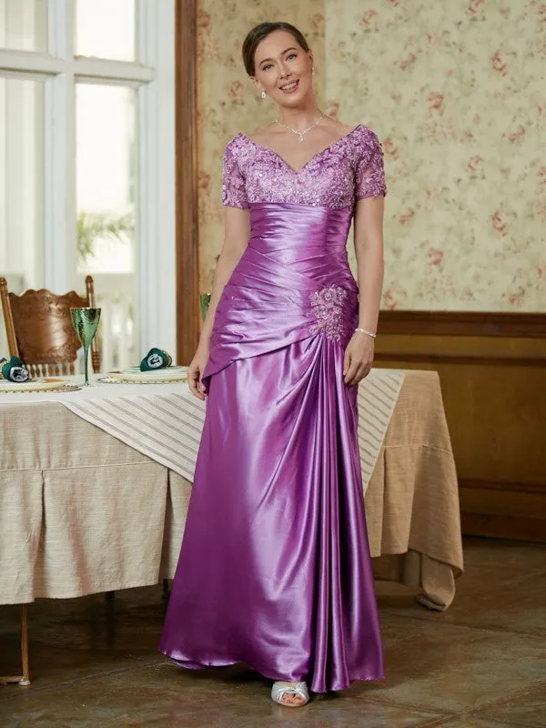 Sheath/Column Elastic Woven Satin Applique V-neck Short Sleeves Floor-Length Mother of the Bride Dresses