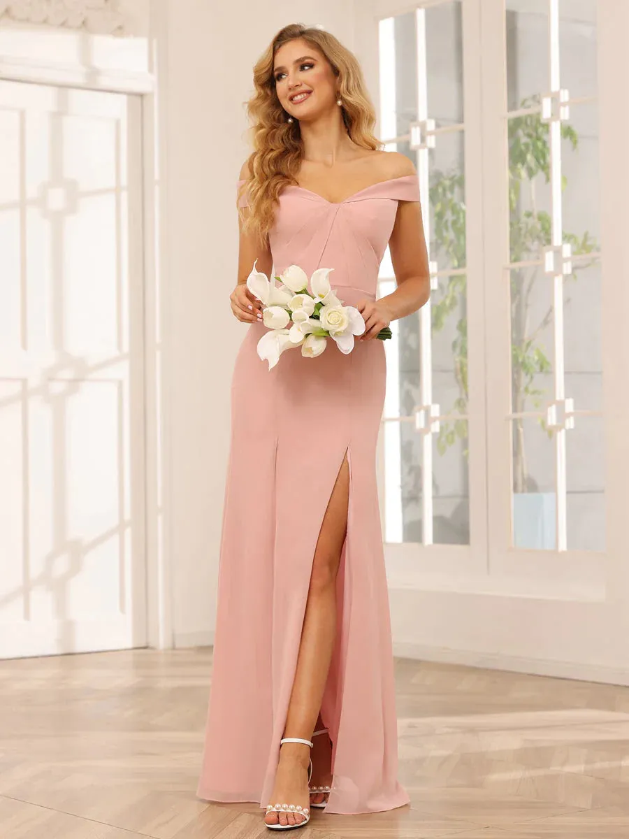 Sheath/Column Off-The-Shoulder Long Bridesmaid Dresses With Split Side