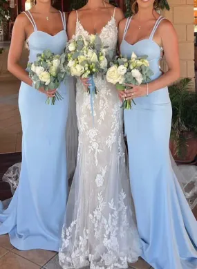 Sheath/Column Spaghetti Straps Floor-Length Long Bridesmaid Dresses Sweep/Brush Train Dresses