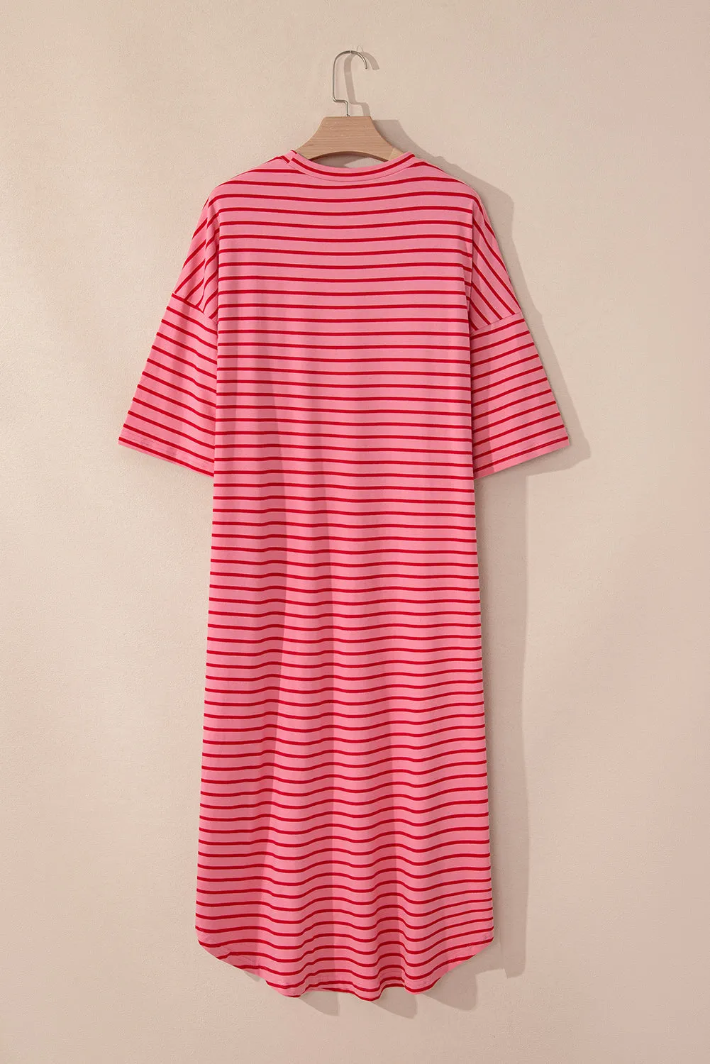 Strawberry Pink Striped 3/4 Sleeve Round Hem Shift T Shirt Dress