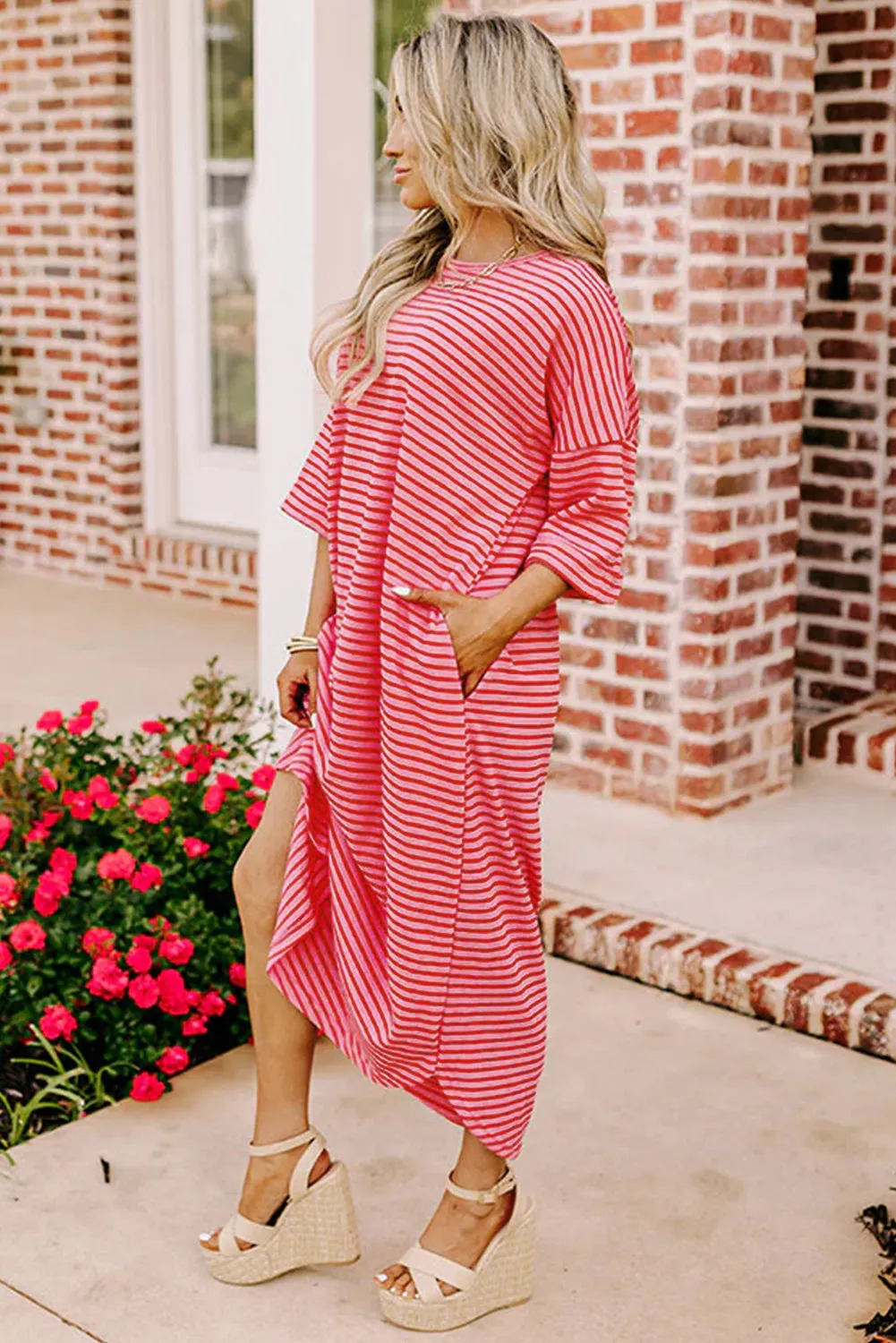 Strawberry Pink Striped 3/4 Sleeve Round Hem Shift T Shirt Dress