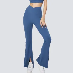 Stylish Flare Yoga Pants With Front Slit - Blue