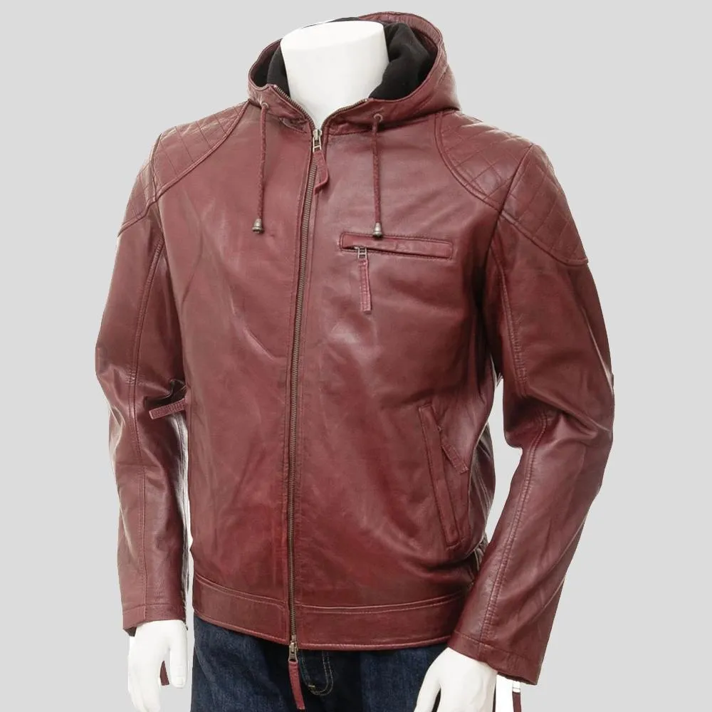 Tore Red Leather Jacket With Removable Hood