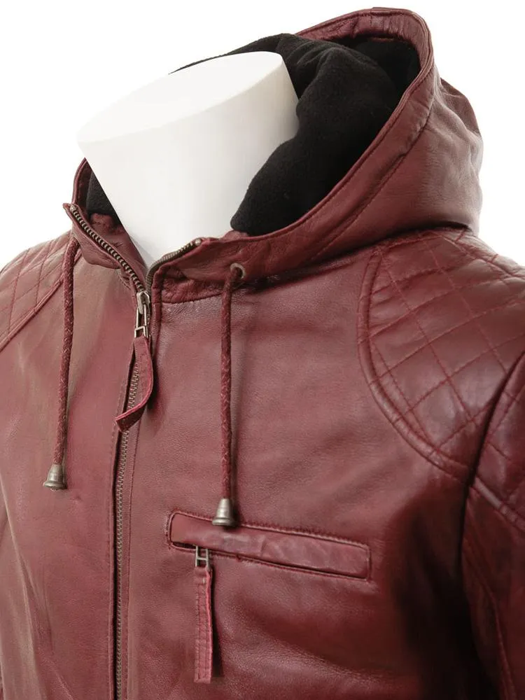 Tore Red Leather Jacket With Removable Hood