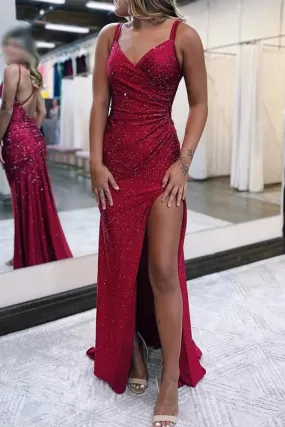 V Neck Sparkly Burgundy Long Prom Dress With Slit 2219