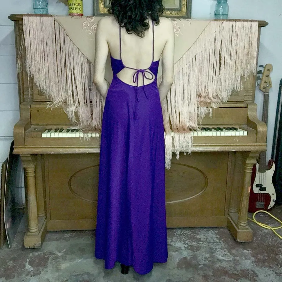 Vintage 70s | Purple Boho Disco Maxi Halter Lace Up Keyhole Dress | XS