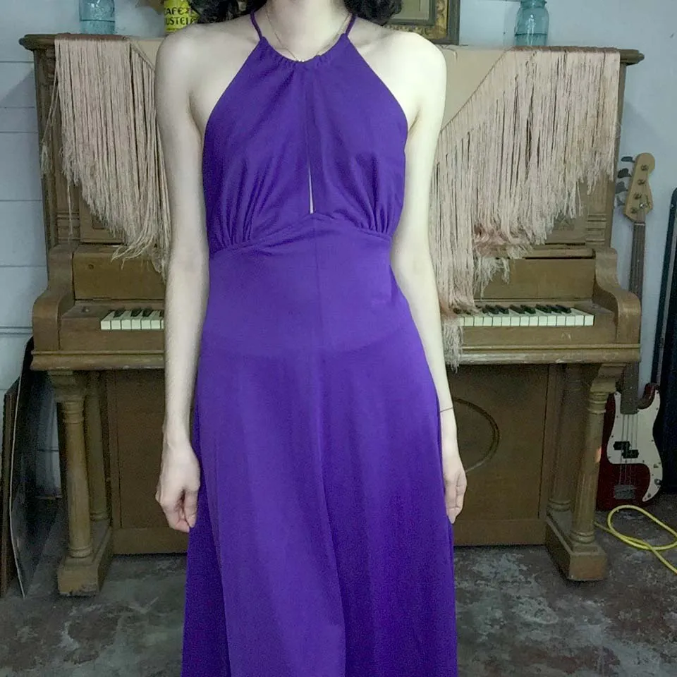 Vintage 70s | Purple Boho Disco Maxi Halter Lace Up Keyhole Dress | XS