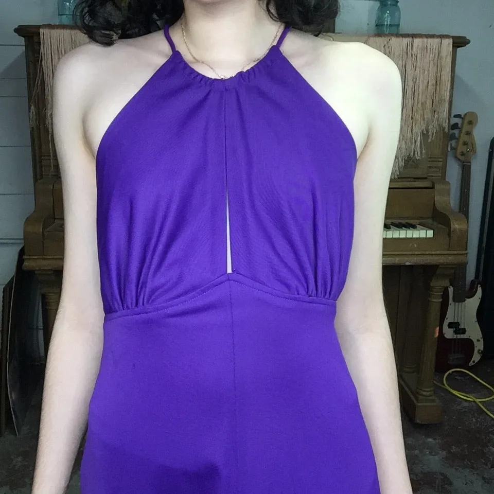 Vintage 70s | Purple Boho Disco Maxi Halter Lace Up Keyhole Dress | XS