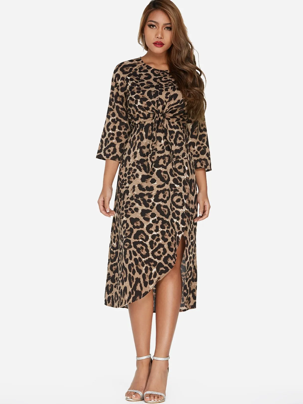 Wholesale Round Neck 3/4 Sleeve Length Leopard Slit Self-Tie Midi Dress