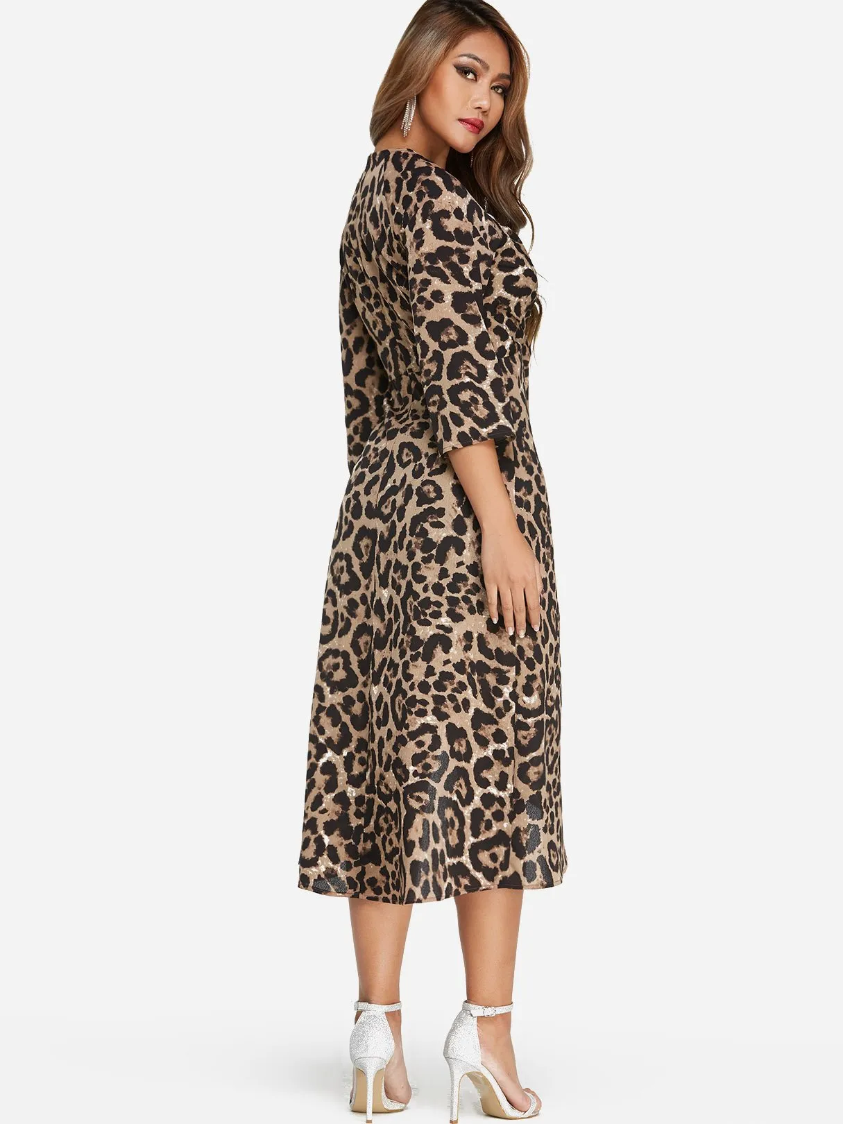 Wholesale Round Neck 3/4 Sleeve Length Leopard Slit Self-Tie Midi Dress