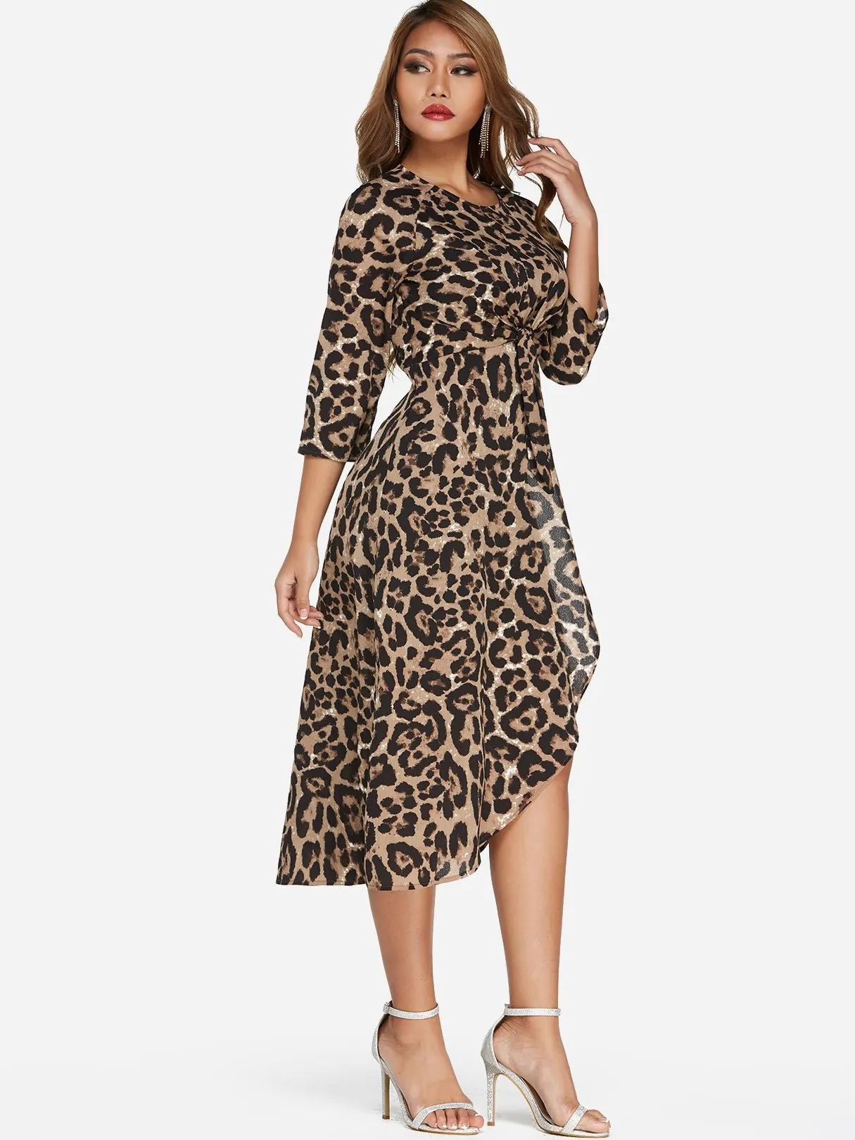 Wholesale Round Neck 3/4 Sleeve Length Leopard Slit Self-Tie Midi Dress