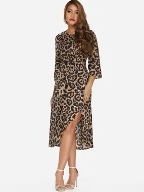 Wholesale Round Neck 3/4 Sleeve Length Leopard Slit Self-Tie Midi Dress