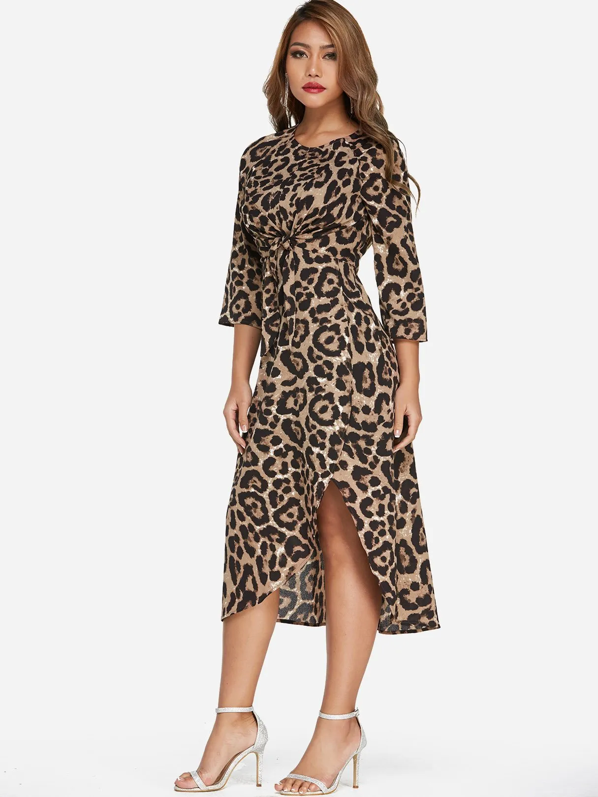 Wholesale Round Neck 3/4 Sleeve Length Leopard Slit Self-Tie Midi Dress