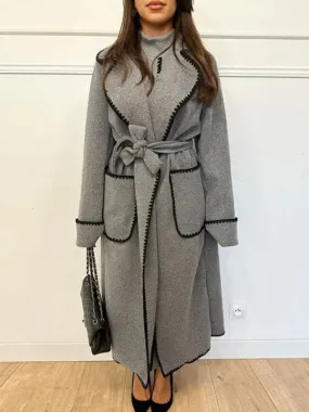 Winter Embroidered Faux Wool Wrap Belted Coat