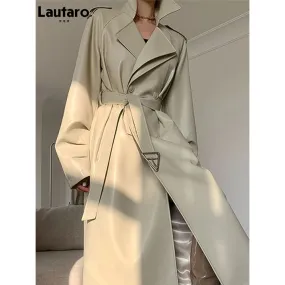 Women's Double Breasted Long Eco- Leather Trench Coat