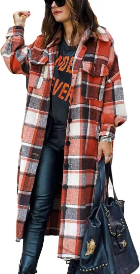 Women's Lounge Lapel Button up Long Sleeve Plaid Shirt Jacket